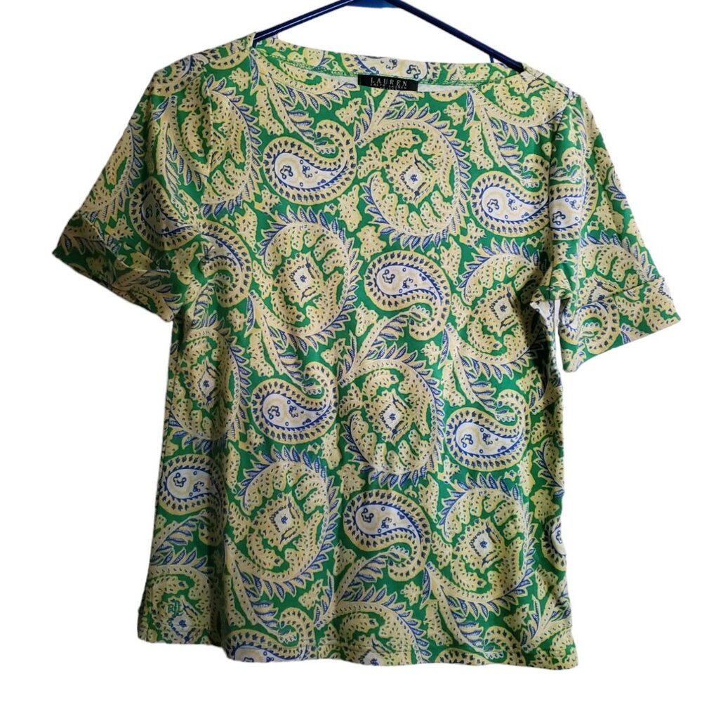 Lauren Ralph Lauren Yellow Paisley Tee EUC